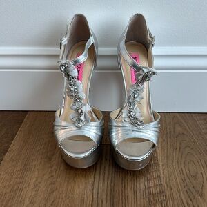 Betsey Johnson Elizabeth Silver Platform T Strap Heels